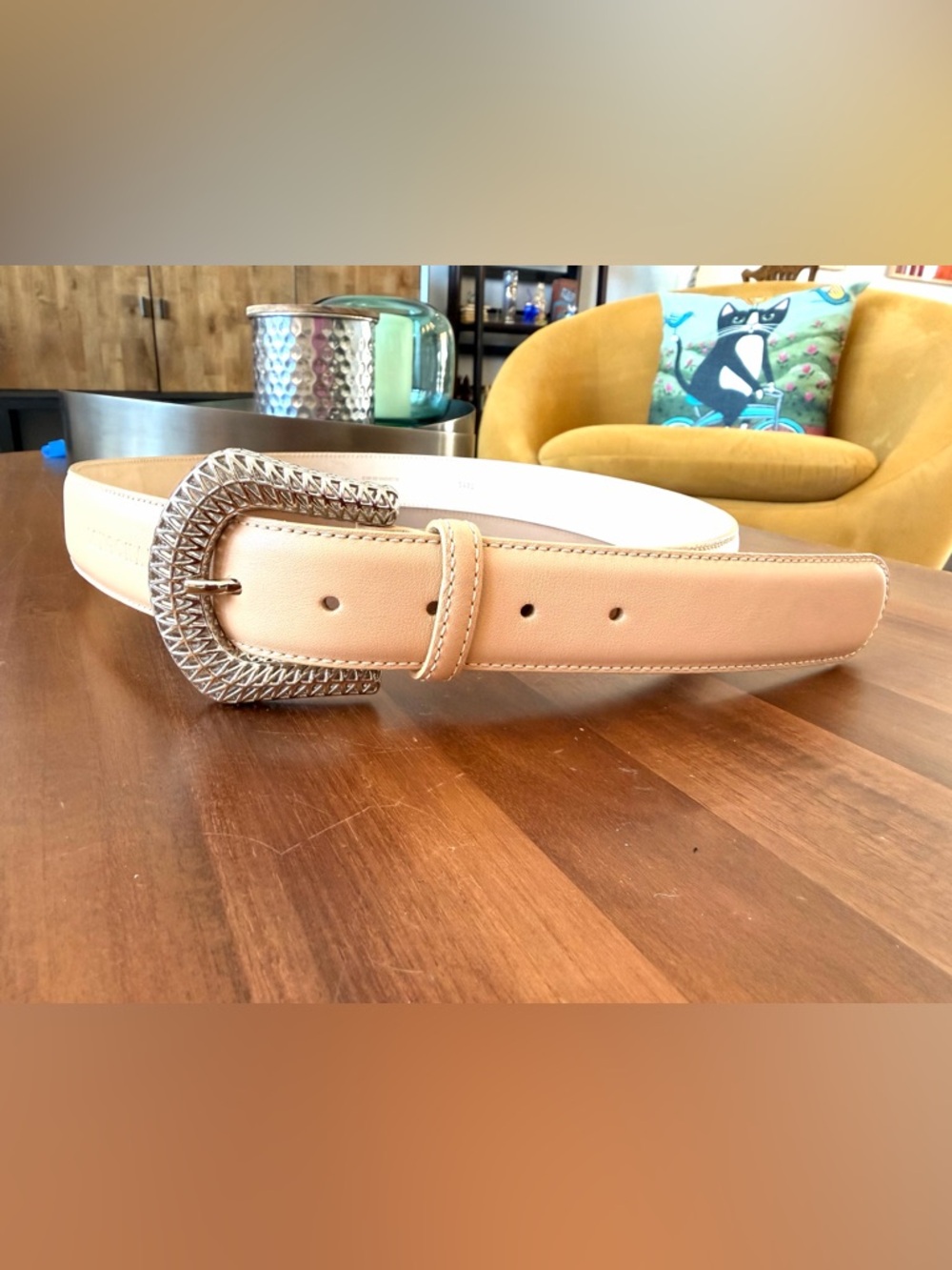 Longchamp Cream Leather Belt with Silver Ornate Buckle
